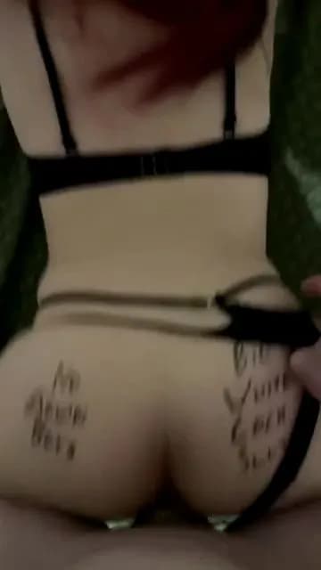 Asian slut with "Big White Cock Slut" tattoo gets fucked doggystyle